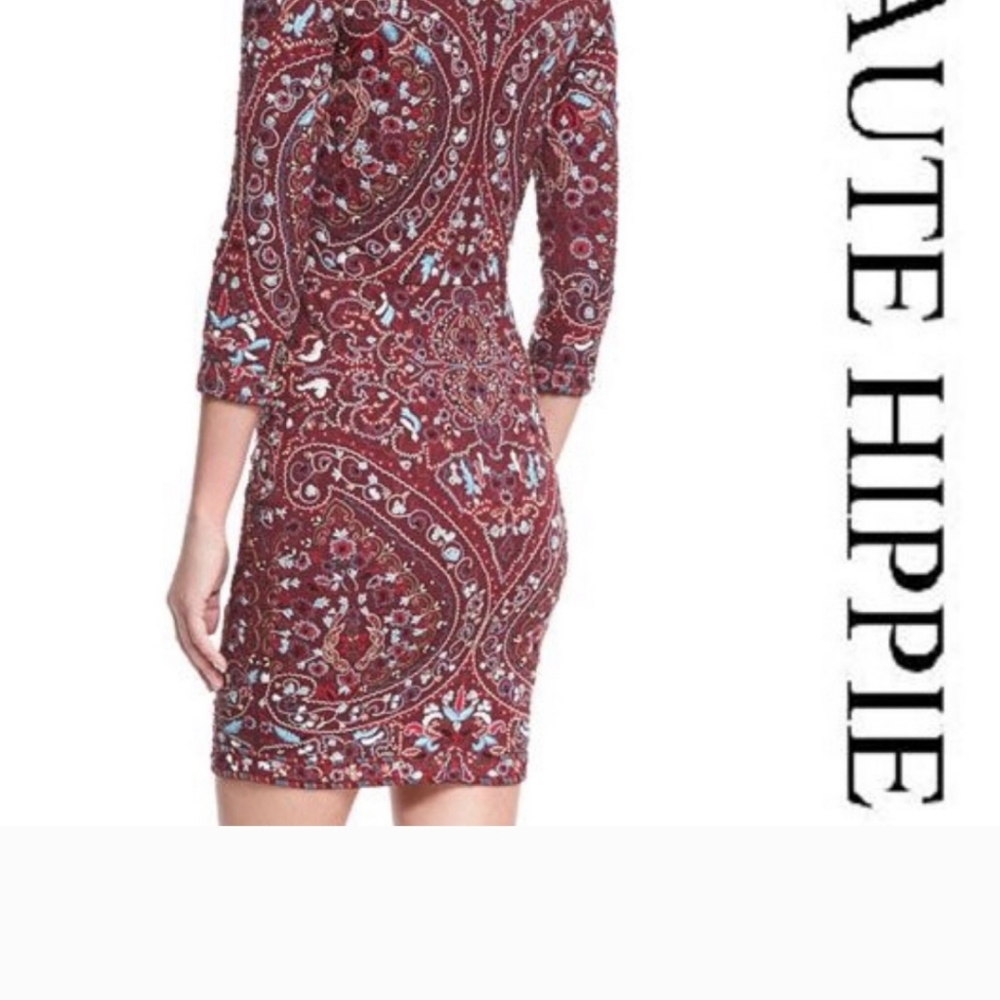 HAUTE HIPPIE dress 3/4 Sleeve MERLOT burgundy Heavily Embroidered Sheath Size 6 - Picture 14 of 15